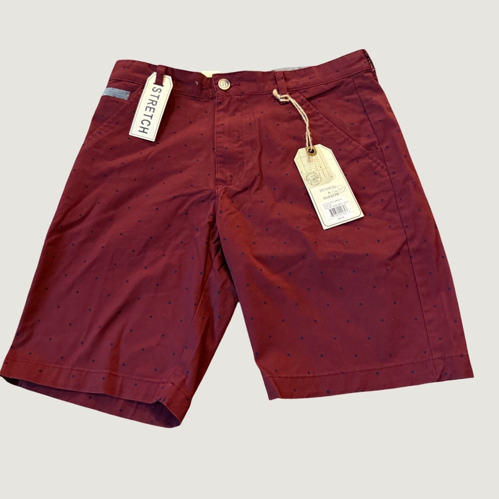 Hudson & Barrow Chino Shorts 30 Polka Dot Stretch Flat Front Burgundy Navy NEW